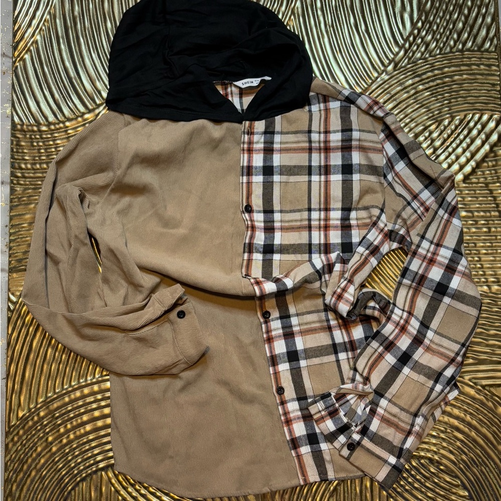 SHEIN Black and Tan Plaid Hoodie